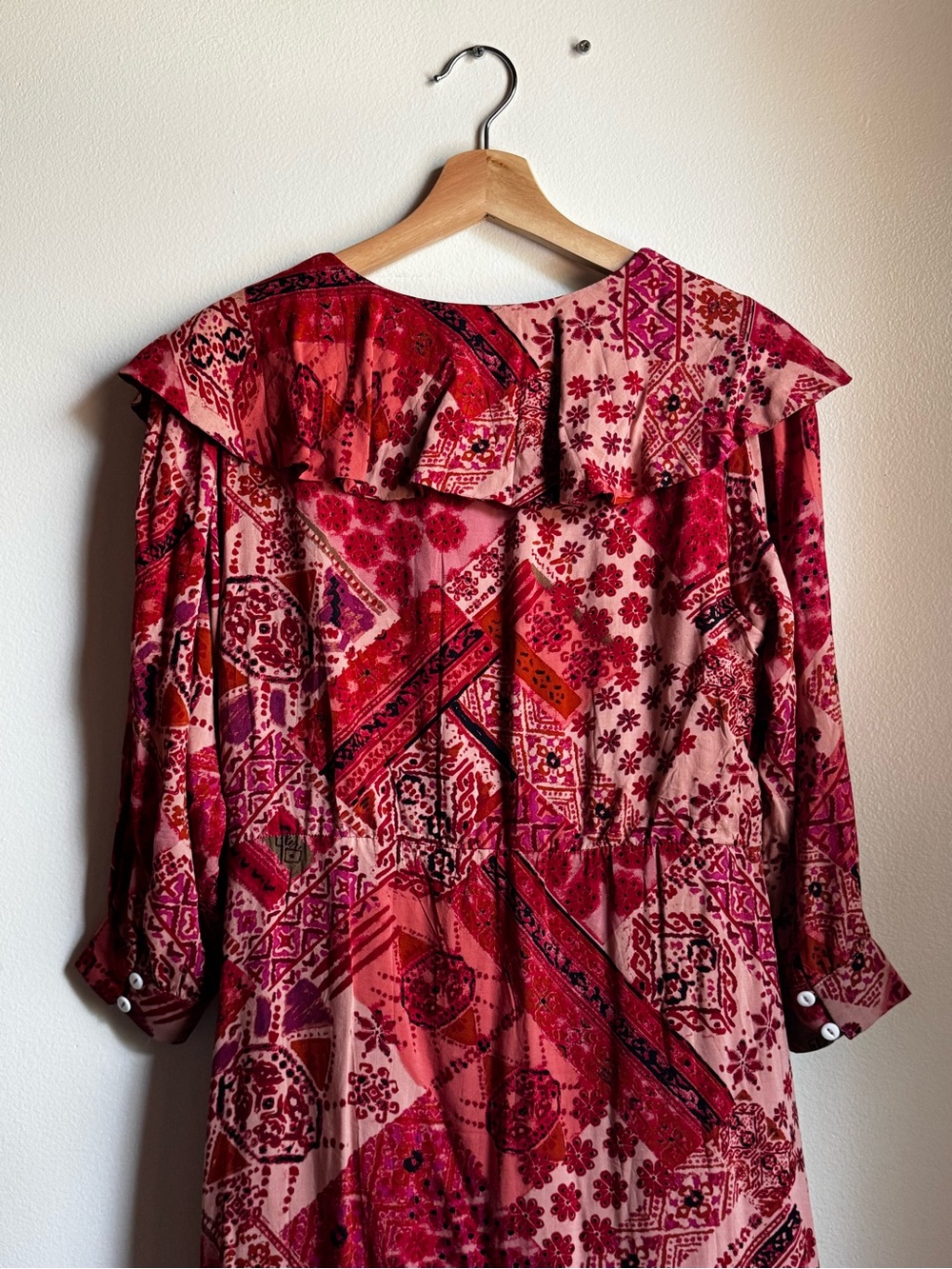 Free People Pink & Red Patterned Maxi Dress with Ruffle V-Neck - Picture 6 of 8